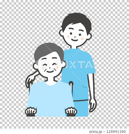一名坐在輪椅上的男子和坐在輪椅上的老人的插圖 128941160