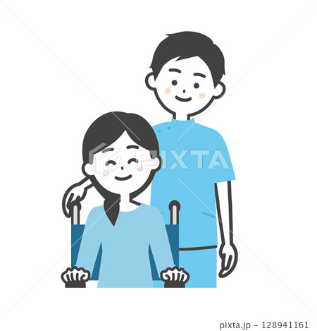 ケーシー姿の男性と車いすに乗った女性イラスト 128941161