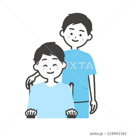 ケーシー姿の男性と車いすに乗った男性イラスト 128941162