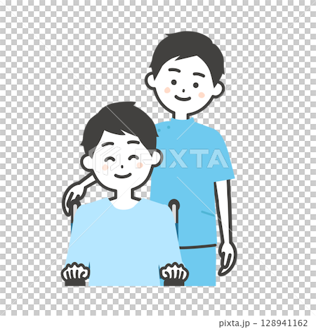 ケーシー姿の男性と車いすに乗った男性イラスト 128941162