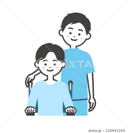 ケーシー姿の男性と車いすに乗った男の子イラスト 128941164