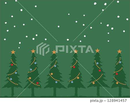 雪が降る、クリスマスツリーのフレームデザイン。クリスマスカラーのチェック柄の背景素材。 雪が降る、クリスマスツリーのフレームデザイン。クリスマスカラーのチェック柄の背景素材。 128941457