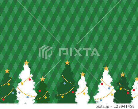雪が降る、クリスマスツリーのフレームデザイン。クリスマスカラーのチェック柄の背景素材。 雪が降る、クリスマスツリーのフレームデザイン。クリスマスカラーのチェック柄の背景素材。 128941459