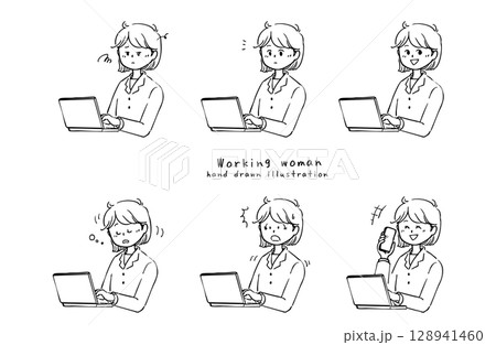 仕事をしているスーツ姿の女性の線画イラストセット 仕事をしているスーツ姿の女性の線画イラストセット 128941460