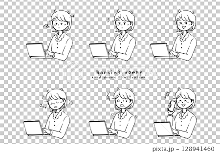 穿著西裝工作的女性的線條畫插圖集 穿著西裝工作的女性的線條畫插圖集 128941460