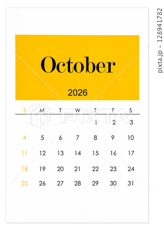 Calendar October 2026 flat style isolated on white background. 128941782