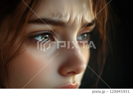 不安・葛藤・悲しみ・緊張を表す若い女性の表情 不安・葛藤・悲しみ・緊張を表す若い女性の表情 128941931
