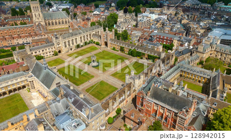 Aerial view of historical Cambridge University colleges and buildings showing courtyards and Aerial view of historical Cambridge University colleges and buildings showing courtyards and 128942015