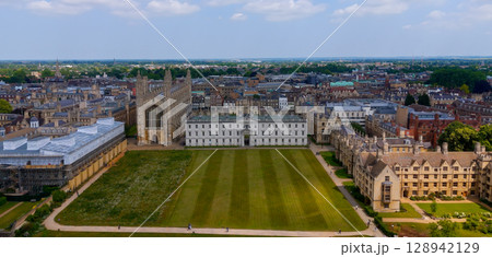 Aerial view of Cambridge University showing King's College, Clare College, and the city beyond, UK 128942129