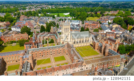 Aerial view of Cambridge University showing the chapel, colleges and courtyards in UK Aerial view of Cambridge University showing the chapel, colleges and courtyards in UK 128942131