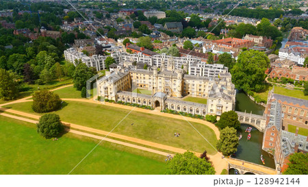 Aerial view of St John's College, showcasing Cambridge University's historic architecture and vast 128942144