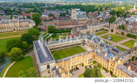 Cambridge University buildings and courtyards seen from above, United Kingdom 128942152