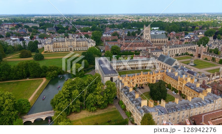 Cambridge University buildings and river Cam seen from above on a beautiful sunny day 128942276