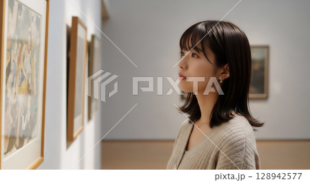 美術館で作品を鑑賞する女性ポートレート 128942577