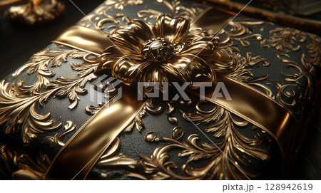 Luxurious gift box with ornate gold detailing and glossy finish 128942619
