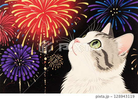 花火を楽しむ猫のポストカー 128943119