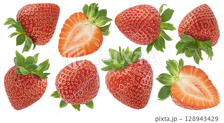 Falling strawberries isolated on white background with clipping path, fresh flying berries collection, full depth of field, package design element 128943429