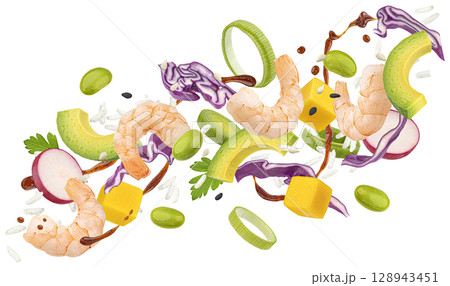 Falling shrimp poke, traditional Hawaiian raw fish salad with teriyaki sauce isolated on white background with clipping path Falling shrimp poke, traditional Hawaiian raw fish salad with teriyaki sauce isolated on white background with clipping path 128943451