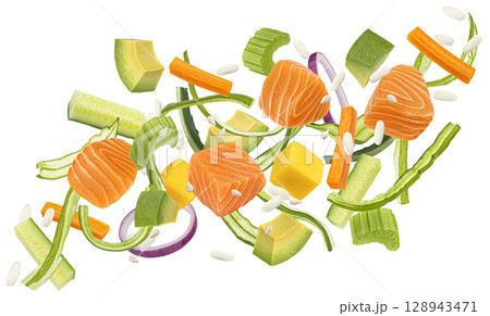 Falling salmon poke ingredients, traditional Hawaiian raw fish salad with wakame seaweeds isolated on white background with clipping path 128943471