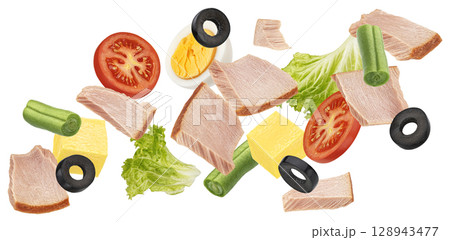 Tuna salad isolated on white background with clipping path, package design element Tuna salad isolated on white background with clipping path, package design element 128943477