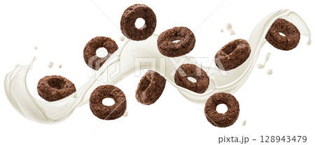Falling chocolate corn rings with milk splash isolated on white background with clipping path Falling chocolate corn rings with milk splash isolated on white background with clipping path 128943479
