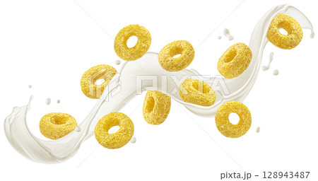 Falling corn rings with milk splash isolated on white background with clipping path 128943487