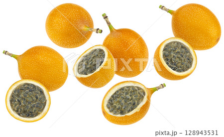 Granadilla or yellow passion fruit isolated on white background with clipping path, full depth of field Granadilla or yellow passion fruit isolated on white background with clipping path, full depth of field 128943531