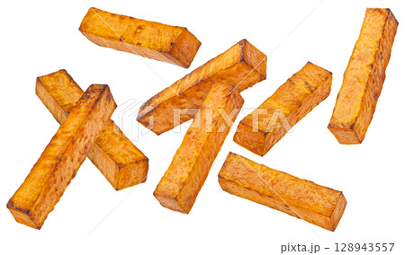 Baked sweet potato sticks isolated on white background with clipping path, full depth of field 128943557