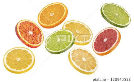Mix of citrus fruit, falling orange, grapefruit, lime and lemon slices isolated on white background 128943558