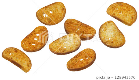Spicy bruschetta crackers, round bread croutons isolated on white background, full depth of field Spicy bruschetta crackers, round bread croutons isolated on white background, full depth of field 128943570