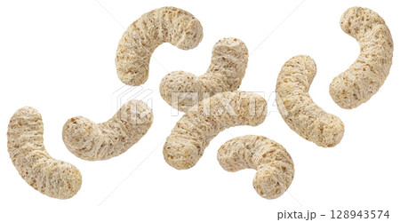 Falling corn sticks isolated on white background with clipping path, full depth of field Falling corn sticks isolated on white background with clipping path, full depth of field 128943574