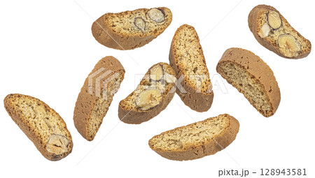 Cantuccini biscuits, Italian cookies with hazelnut isolated on white background, full depth of field 128943581