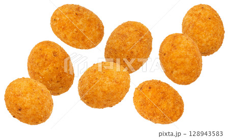 Paprika coated peanuts isolated on white background with clipping path 128943583