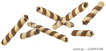 Waffle rolls, striped chocolate and vanilla wafer sticks isolated on white background, full depth of field 128943596
