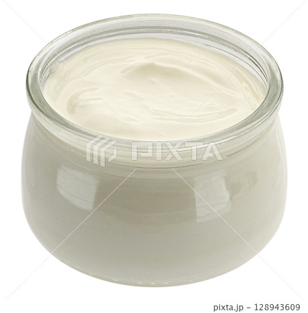 Glass jar of fresh homemade organic yogurt isolated on white background, full depth of field Glass jar of fresh homemade organic yogurt isolated on white background, full depth of field 128943609
