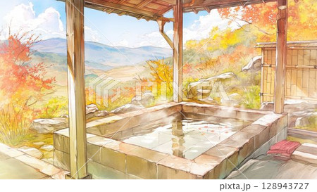 紅葉に囲まれた露天風呂と温泉旅館の秋景色_4 128943727