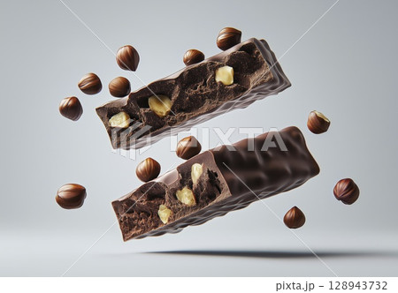 Broken chocolate bar with hazelnuts falling in air with crumbs and pieces, copy space 128943732