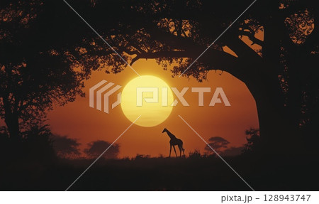 Giraffe standing in golden savanna at dramatic sunset with silhouette of tree and clouds, copy space 128943747
