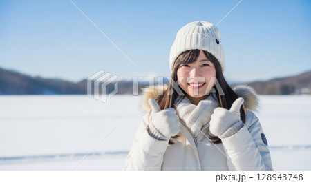 冬の雪景色で微笑む女性 128943748