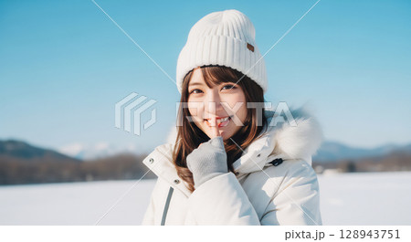 冬の雪景色で微笑む女性 128943751