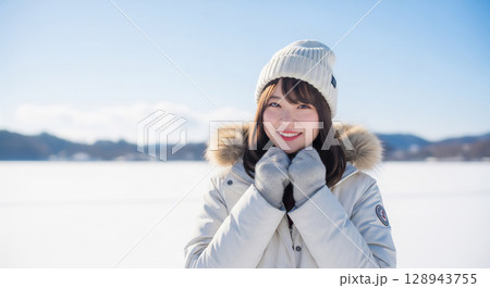 冬の雪景色で微笑む女性 冬の雪景色で微笑む女性 128943755