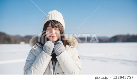 冬の雪景色で微笑む女性 128943757