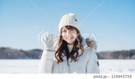 冬の雪景色で微笑む女性 128943758
