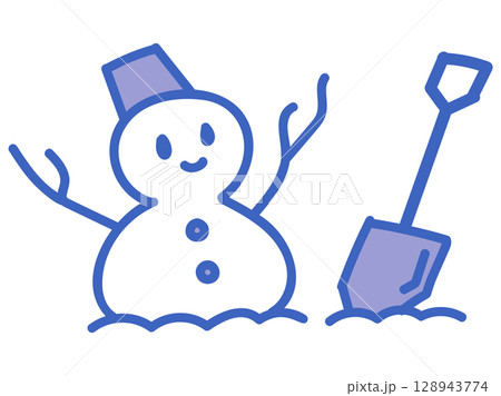 雪遊びの可愛い雪だるまキャラとスコップ 128943774