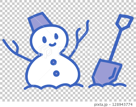 雪遊びの可愛い雪だるまキャラとスコップ 128943774