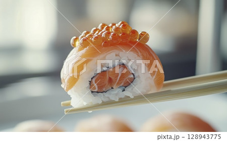 Salmon sushi roll with red caviar held by chopsticks close up, soft background, copy space 128943775