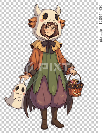 A cute child in a anime-style cartoon Halloween costume, happy for Halloween. White background. 128944456