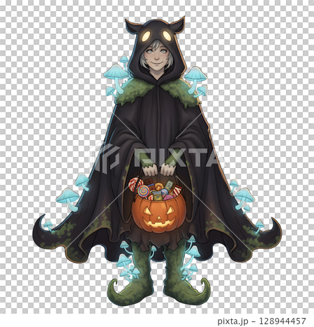 A cute child in a anime-style cartoon Halloween costume, happy for Halloween. White background. 128944457