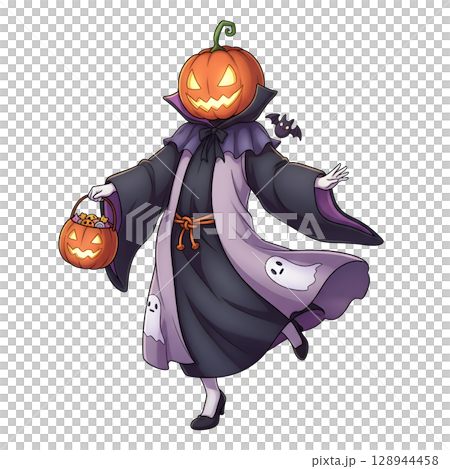 A cute child in a anime-style cartoon Halloween costume, happy for Halloween. White background. 128944458