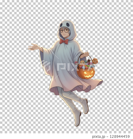 A cute child in a anime-style cartoon Halloween costume, happy for Halloween. White background. 128944459